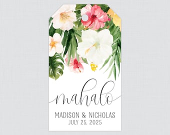 Printable OR Printed "Mahalo" Favor Gift Tags - Hawaiian Floral & Palm Leaf Favor Tags for Wedding - Mahalo Summer Hibiscus Favor Tag 0030