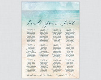 Könnte beinhalten: Ein Hochzeitssitzplan mit einem Aquarellhintergrund aus blauen und grünen Wellen. Der Plan ist mit "Find Your Seat" betitelt und listet die Tische mit den Namen der Gäste auf. Der Text unten lautet "Madison und Nicholas August 20, 2025".