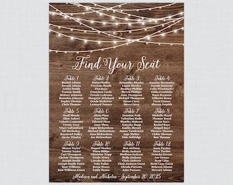 Printable Rustic Wedding Seating Chart - Wood and String Lights Wedding Seating Plan Poster - Personalized Country Barn Seating Chart 0036