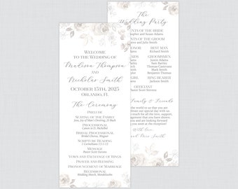 Printable OR Printed Gray Floral Wedding Programs - Grey and White Sketched Flower Wedding Ceremony Program Cards, Personalized 0015