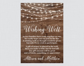 Printable OR Printed Rustic Wedding Wishing Well Cards - Wood and String Lights Wishing Well Wedding - Country Barn Wishing Well Insert 0036