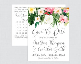 Printable OR Printed Tropical Save the Date Postcards - Hawaiian Floral & Palm Leaf Save the Date Postcards for Wedding, Beach Hibiscus 0030