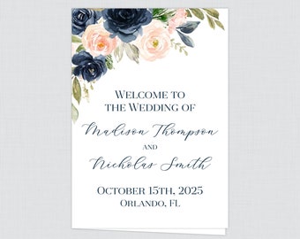 Printable OR Printed Navy and Pink Floral Wedding Program Booklet - Wedding Ceremony Programs w/ Navy & Blush Pink Flowers Personalized 0026