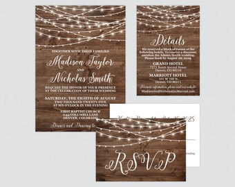 Printable OR Printed Rustic Wedding Invitation Suite - Wood and String Lights Wedding Invitation Package - Rustic Country Barn Invites 0036
