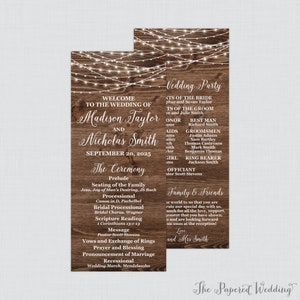 May include: Rustic wooden wedding program with white lights, announcing the wedding of Madison Taylor and Nicholas Smith on September 20, 2025. The program includes the ceremony details, wedding party, and a message to family and friends.