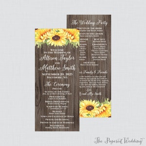 Printable OR Printed Sunflower and Wood Wedding Programs - Yellow Sunflower Wedding Ceremony Program Cards, Personalized Program 0019-B