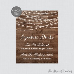 Impreso Rústico Signature Drinks Sign - Luces de madera y cuerda Wedding Signature Cocktails Sign - Country Barn Bar/Cocktail Sign 0036