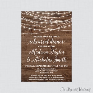 Printable OR Printed Rustic Rehearsal Dinner Invitations - Wood and String Lights Rehearsal Dinner Invites, Country Wedding Rehearsal 0036