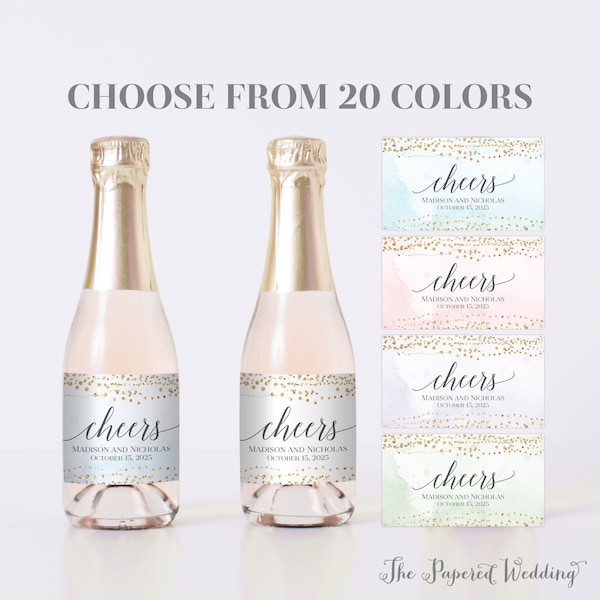 PRINTED Mini Champagne Bottle Labels with Watercolor and Gold Backgrounds - Custom Color Watercolor Cheers Bridal Shower Wedding Labels 0071