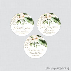 Printable OR Printed Green and Gold Palm Leaf Wedding Stickers - Tropical Summer Palm Floral Circle Labels, Personalized Beach Favor 0063