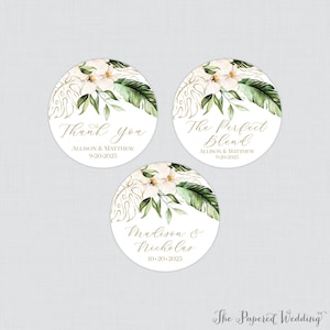 Printable OR Printed Green and Gold Palm Leaf Wedding Stickers - Tropical Summer Palm Floral Circle Labels, Personalized Beach Favor 0063