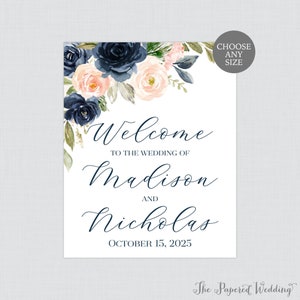 Navy and Pink Floral Wedding Welcome Sign - Welcome Sign for Wedding with Navy and Blush Pink Flowers - Printable Personalized Welcome 0026