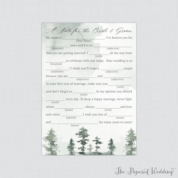 Printable Forest Wedding Mad Libs - Green Watercolor Trees Wedding Mad Libs Cards for Advice - Mountain Wedding Reception Game/Activity 0037