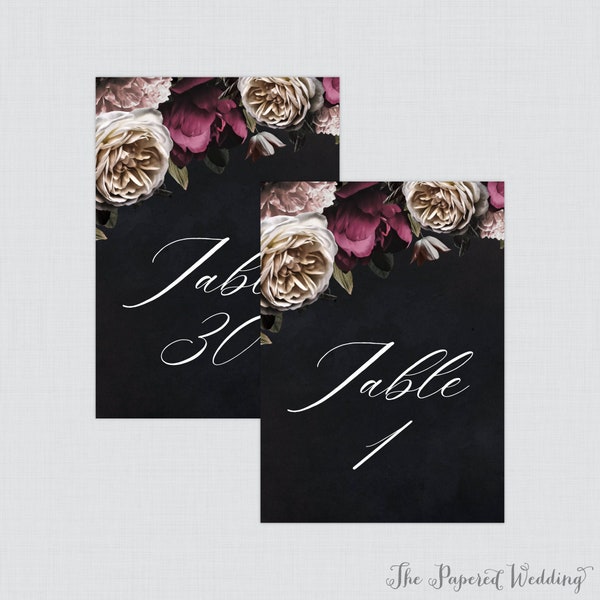 Printable Moody Wedding Table Numbers with Burgundy, Cream, and Pink Flowers - Dark Floral Table Number Signs for Wedding, Numbers 1-30 0025