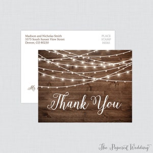 Printable OR Printed Rustic Thank You Postcards - Wood and String Lights Thank You Postcards for Wedding - Country Barn Post Cards 0036