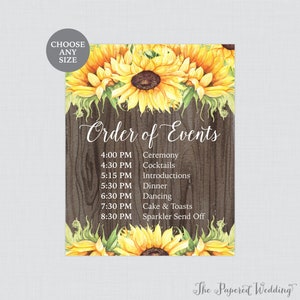 Printable Sunflower and Wood Order of Events Sign - Sunflower Wedding Order of Events Sign - Rustic Reception Order of Service Poster 0019-B