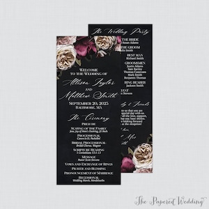 Printable OR Printed Wedding Programs with Moody Flowers - Burgundy, Pink & Cream Floral Ceremony Program Cards, Personalized Program 0025