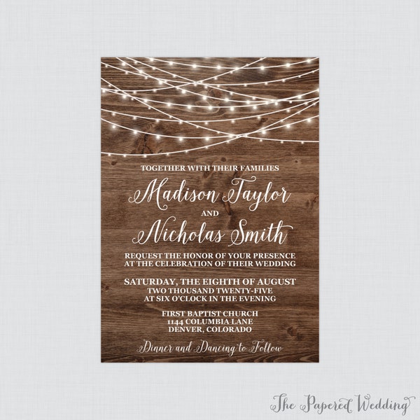 Printable OR Printed Rustic Wedding Invitations - Invitations with Wood and String Lights Design - Country Barn Wedding Invites 0036