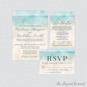 Printable OR Printed Beach Wedding Invitation Suite - Watercolor Beach Themed Wedding Invitation Package, Personalized Ocean and Sand 0035