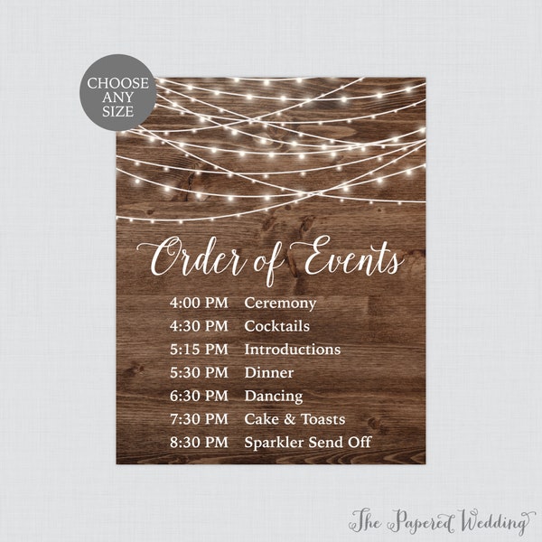 Printable Rustic Order of Events Sign - Wood and String Lights Wedding Order of Events Sign - Country Reception Order of Service Poster 0036