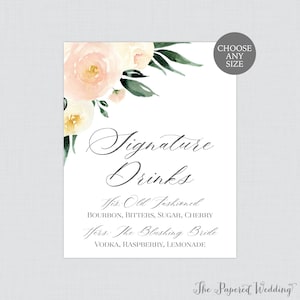 Impreso Marfil y Rubor Rosa Flor Signature Drinks Sign - Pink & Cream Floral Wedding Signature Cocktails Sign - Cocktail Bar Sign 0027