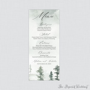 Printable OR Printed Forest Wedding Menu Cards - Green Watercolor Trees Menu Cards for Wedding in 4 x 9 Size - Mountain Wedding Menu 0037