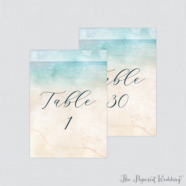 Printable Beach Wedding Table Numbers - Watercolor Beach Themed Table Numbers for Wedding - Instant Download Numbers 1-30, Summer Ocean 0035