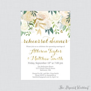 Printable OR Printed Gold and White Floral Rehearsal Dinner Invitations - Gold White Flower Rehearsal Dinner Invites, Wedding Rehearsal 0013