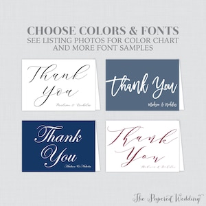 May include: Four different thank you cards with different color combinations. The cards are white with black text, white with blue text, blue with white text, and white with burgundy text. The text on the cards says "Thank You" with the names of the couple below.