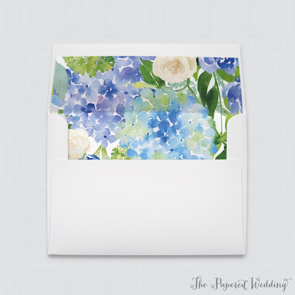 Blue Hydrangea Wedding Envelope Liners - A7 Envelopes with Blue and White Flowers Envelope Liners, Blue White Floral Envelope Liners 0022