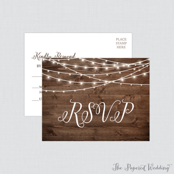 Printable OR Printed Rustic Wedding RSVP Postcards - Wood and String Lights RSVP Cards - Rustic Response Cards Post Cards, Reply Cards 0036