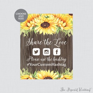 Letrero de boda de madera y girasol para imprimir - Letrero de boda de girasol amarillo - Letrero para compartir el amor, letrero para redes sociales 0019-B