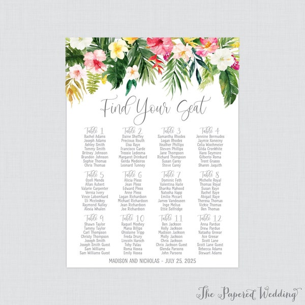 Printable Tropical Wedding Seating Chart - Hawaiian Flower & Palm Leaf Seating Plan Poster, Summer Beach Hibiscus Floral Seating Chart 0030