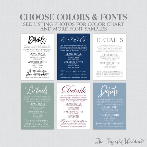 Printable OR Printed Details Cards with Custom Color and Font - Simple Wedding Details Cards, Wedding Invitation Details Inserts 0032