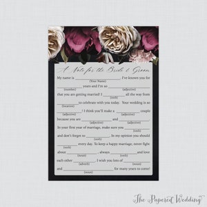 Wedding Mad Libs stampabile con fiori lunatici - Carte di consigli floreali Wedding Mad Libs bordeaux scuro, rosa e crema - Gioco/Attività 0025
