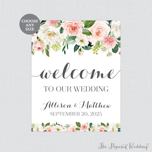 Letrero de bienvenida para boda imprimible - Letrero de bienvenida para boda con flores rosas - Letrero de bienvenida personalizado con flores rosas y blancas 0017