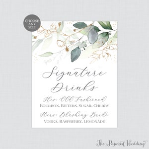 Printable Green and Gold Signature Drinks Sign - Green Leaf & Gold Floral Wedding Signature Cocktails Sign, Botanical Greenery Bar Sign 0029
