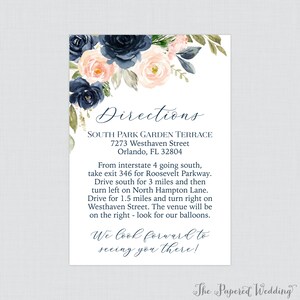 May include: A white card with floral accents and text. The top left corner features navy and blush-colored flowers with green leaves. The text reads "Directions" and provides an address and driving instructions.
