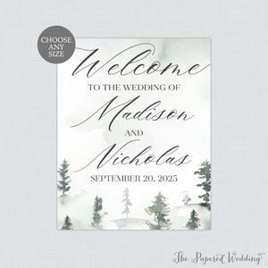 Impreso Forest Wedding Welcome Sign - Green Watercolor Trees Wedding Welcome Sign - Mountain Trees Bienvenido a la Boda Of Sign 0037
