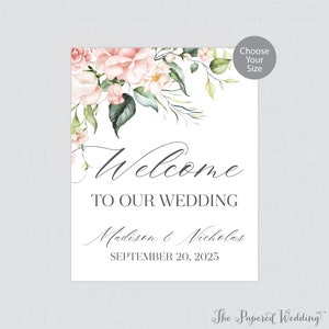 Impreso Pink Rose Wedding Welcome Sign - Pink Floral Wedding Welcome Sign - Pink Roses & Flowers Bienvenida personalizada a nuestra boda 0024