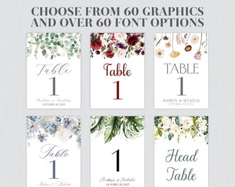 Printable OR Printed Wedding Table Number Signs - Choose From 60 Flower Graphics, Font, Font Colors - Floral Table Number Signs 0072