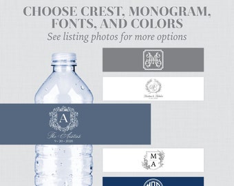 Printable OR Printed Monogram Water Bottle Labels with Your Choice of Crest, Monogram, Fonts, & Font Color - Personalized Bottle Labels 0073