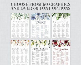 Printed OR Printable Wedding Seating Chart  - Choose Your Flowers, Fonts, and Font Color - Foam Board, Poster, or Custom Made File 0072