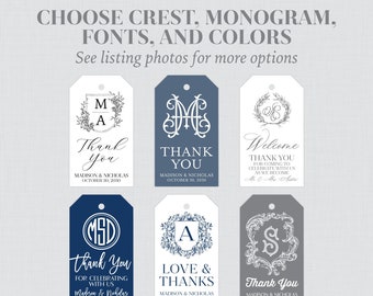 Printable OR Printed Monogram Wedding Favor Tags - Choose Monogram, Crest, Font, and Font Color - Personalized Thank You Gift Tags 0073