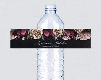 Printable OR Printed Wedding Water Bottle Labels with Moody Flowers - Burgundy, Pink, and Cream Floral Personalized Water Bottle Labels 0025