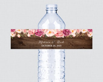 Printable OR Printed Rustic Wedding Water Bottle Labels - Wood and Pink Floral Custom Water Bottle Labels - Personalized Flower Label 0004-B