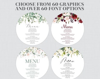 Printed Round Menu Cards with Flowers - Choose Your Floral Design, Fonts, and Font Color - Personalized Circle Menus 5.25" or 8" Size - 0072