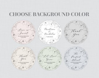 CUSTOM COLOR Printable OR Printed Wedding Stickers with Sketched Flowers - Circle Wedding Labels, Personalized Favor Tags/Stickers 0042