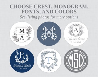 Printable OR Printed Monogram Stickers - Choose Your Crest, Monogram, Fonts, & Font Color - Personalized Welcome Round Circle Labels 0073