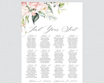 Printable Pink Roses Wedding Seating Chart - Pink Roses and Flowers Wedding Seating Plan Poster - Floral Personalized, Ready to Print 0024